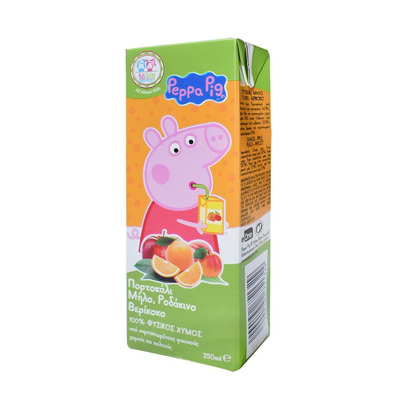 Kids Valley 100% Φυσικός Χυμός Peppa Pig Μήλο – Πορτοκάλι – Ροδάκινο – Βερίκοκο 250ml