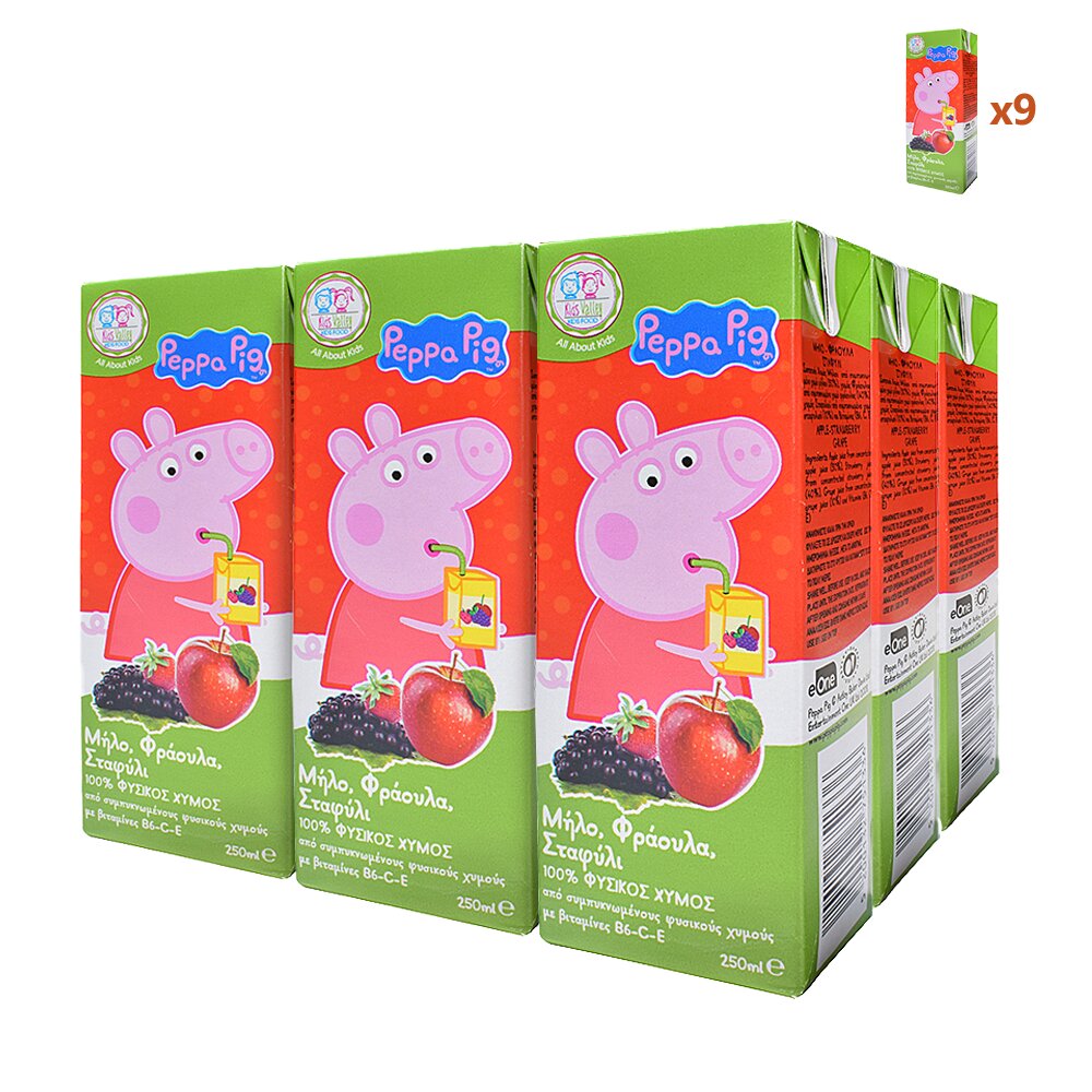 Kids Valley 100% Φυσικός Χυμός Peppa Pig Φράουλα – Μήλο – Σταφύλι 250ml x9